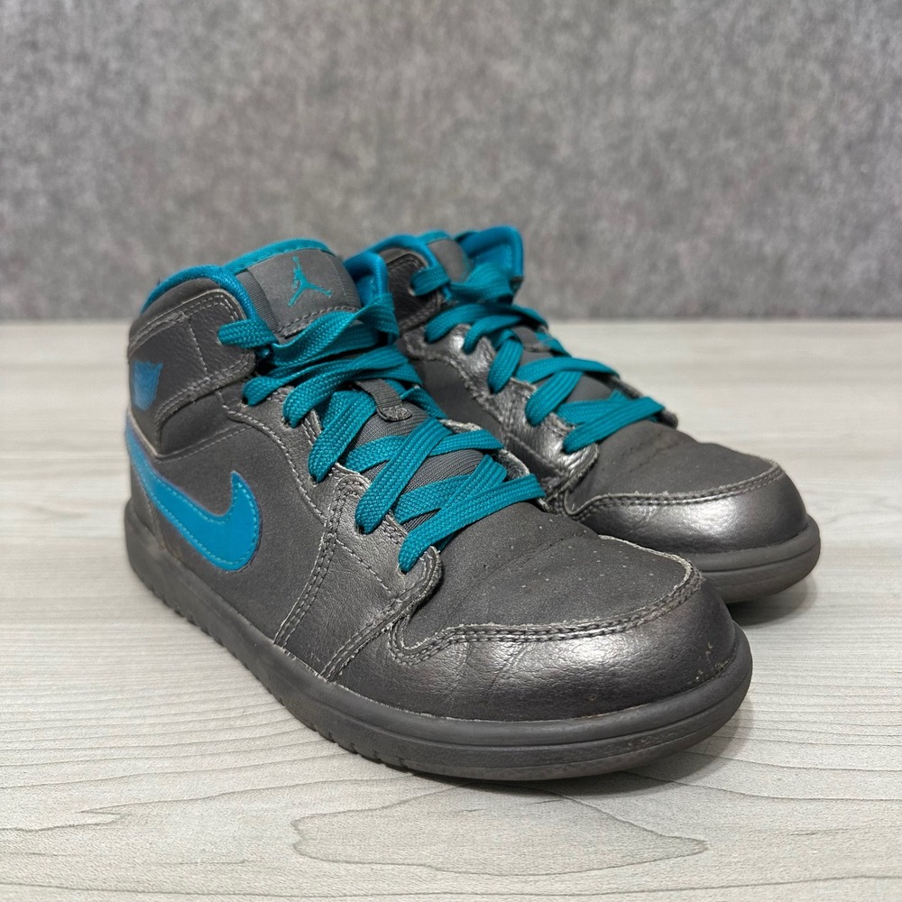 Nike Air Jordan 1 Mid Kids 1Y Metallic Grey Tropical Teal Sneakers 555111-027